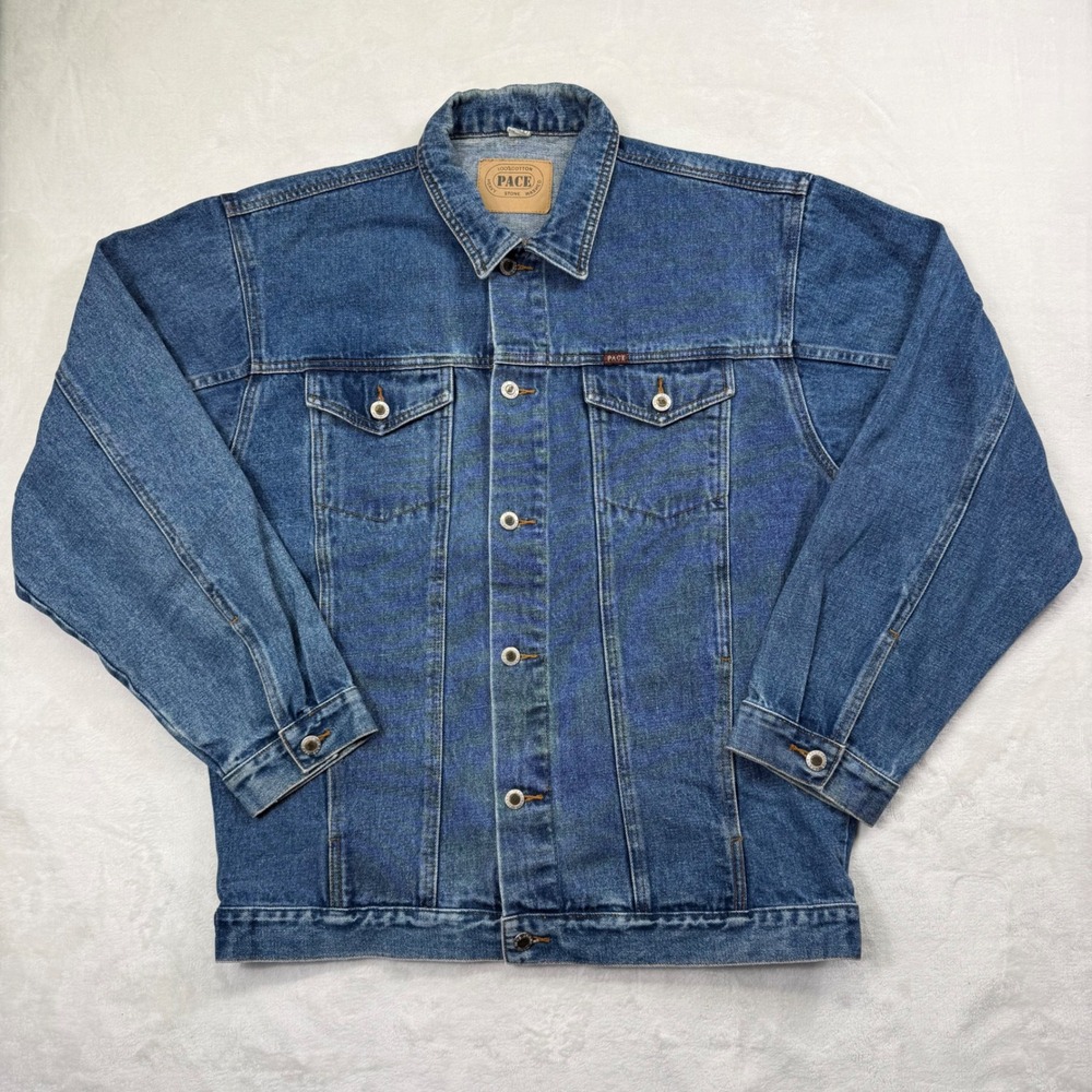 Pace Mens Heavy Stone Washed Denim Trucker Jacket Blue Cotton Large RN 63967